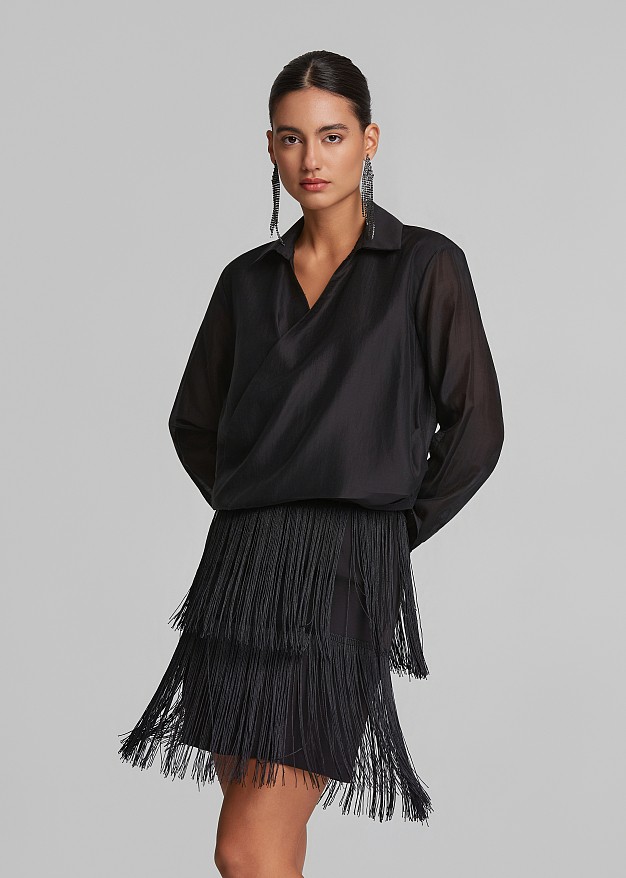 Asymmetrical sheer blouse with wrap effect