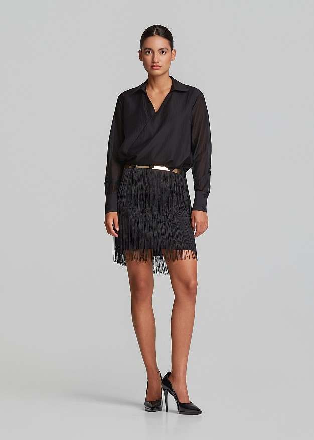 Asymmetrical sheer blouse with wrap effect