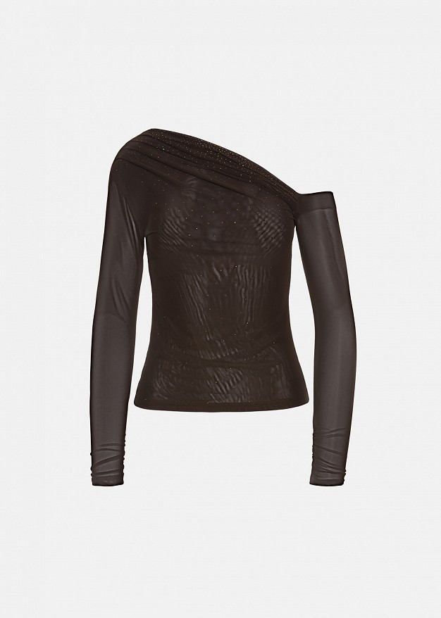Asymmetric sheer top with rhinestones