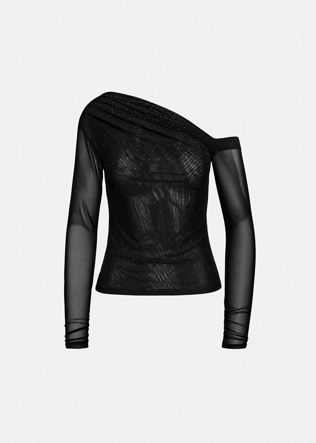 Asymmetric sheer top with rhinestones