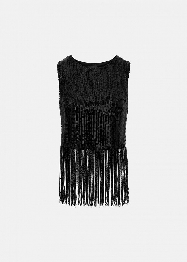 Sleeveless sequin top with fringe
