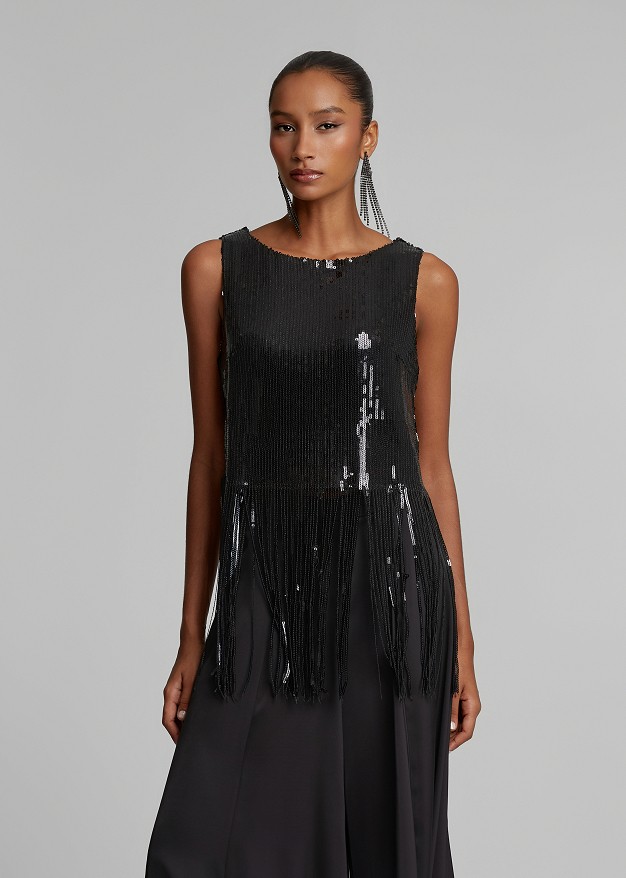 Sleeveless sequin top with fringe