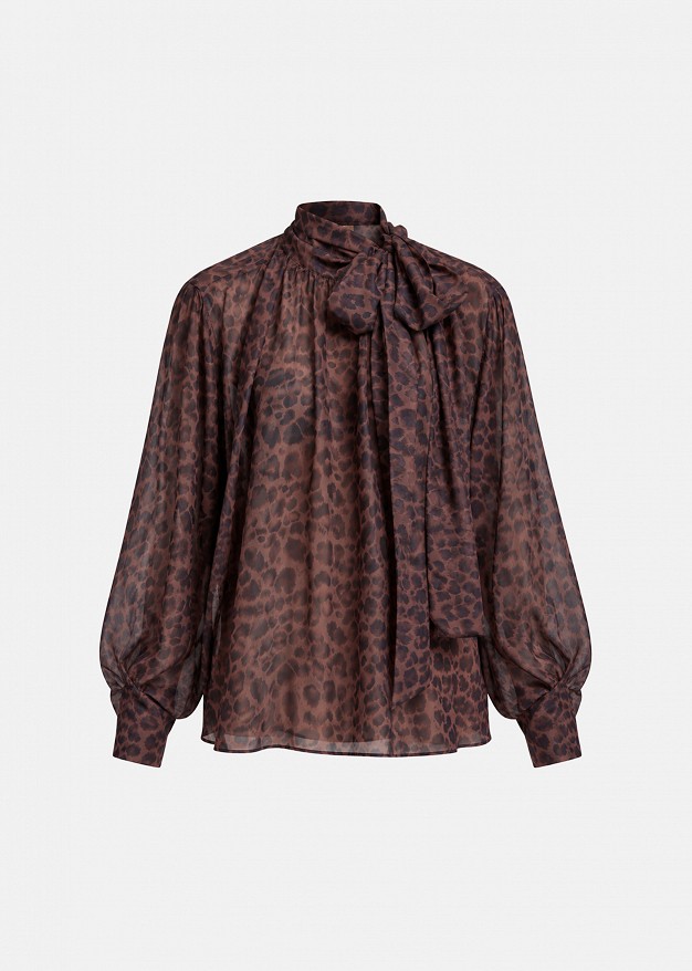 Oversized sheer leopard-print top with a tie-neck