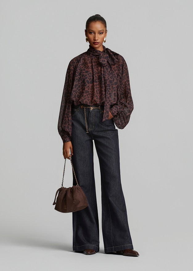 Oversized sheer leopard-print top with a tie-neck