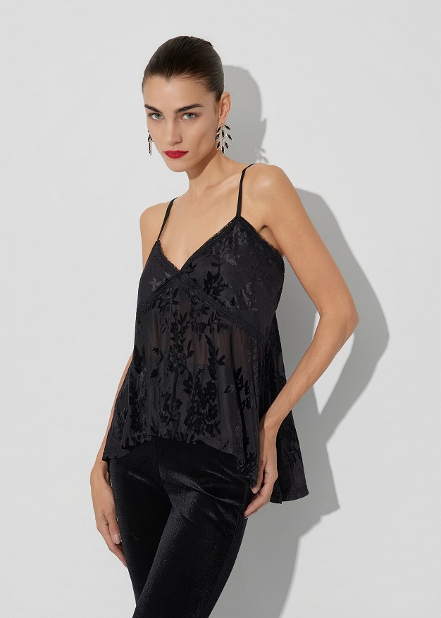 Lingerie top, asymmetrical with a devoré finish