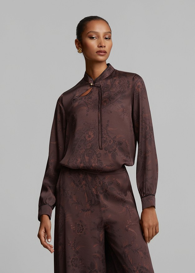 Mandarin collar blouse in satin printed look