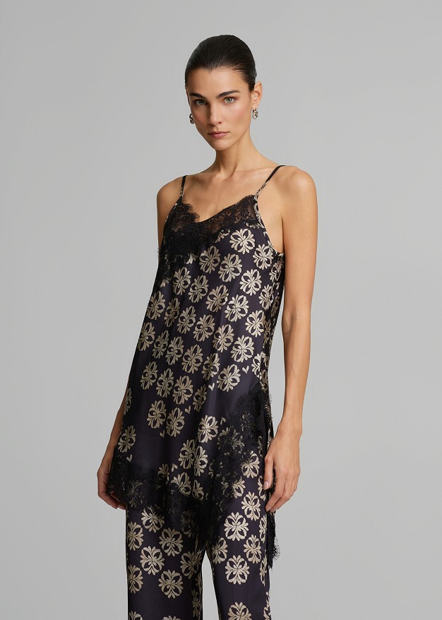 Printed lingerie top in asymmetric lace