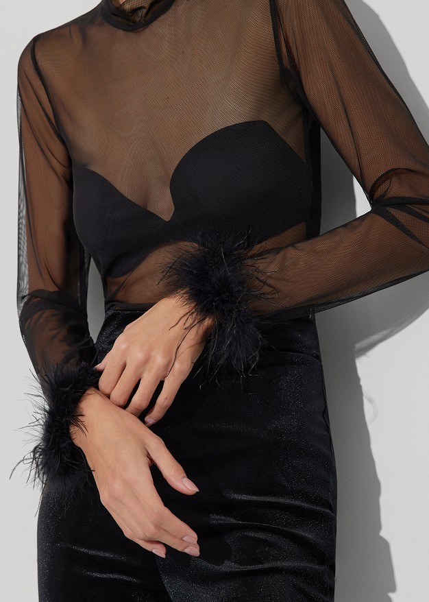 Sheer top with decorative feathers