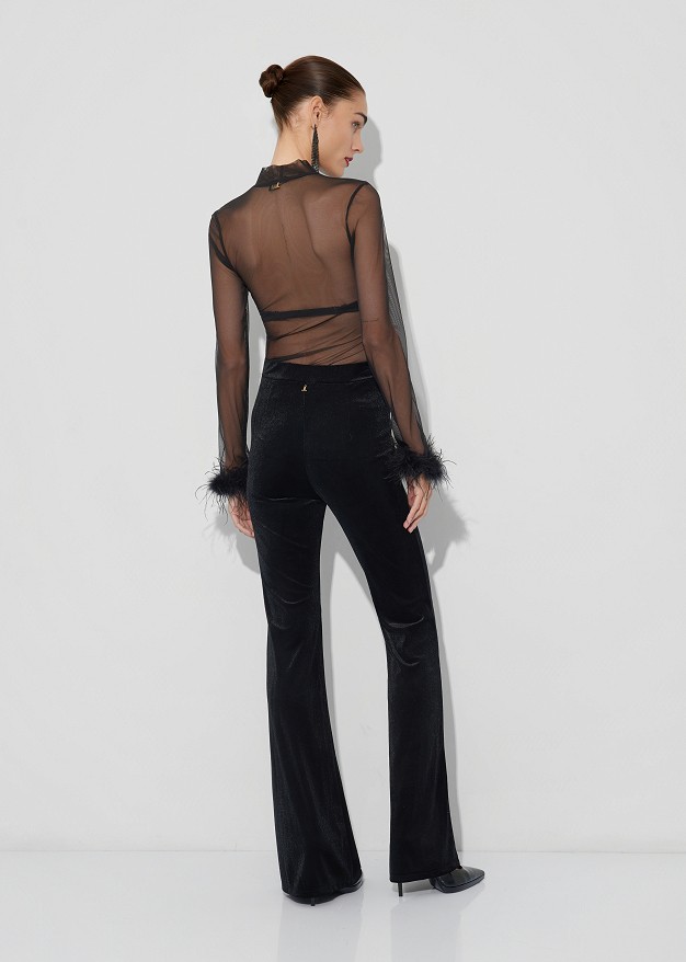 Sheer top with decorative feathers