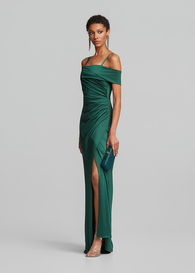 Maxi satin-look dress with ruching