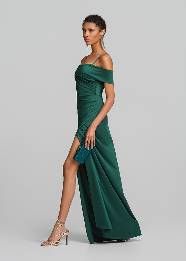 Maxi satin-look dress with ruching