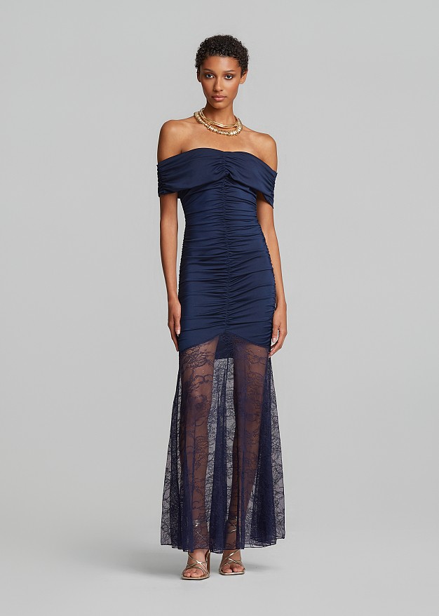 Maxi off-shoulder dress with ruching and lace