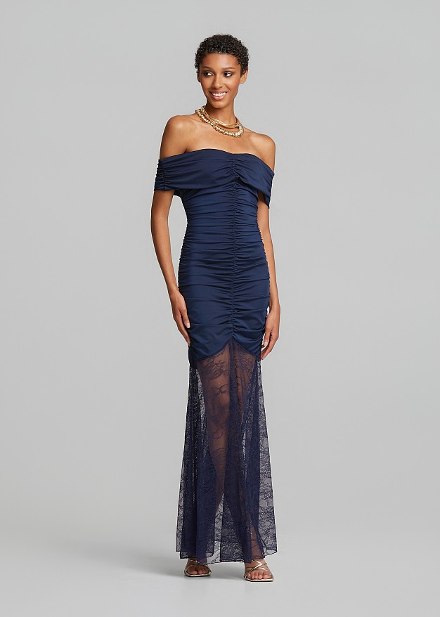 Maxi off-shoulder dress with ruching and lace