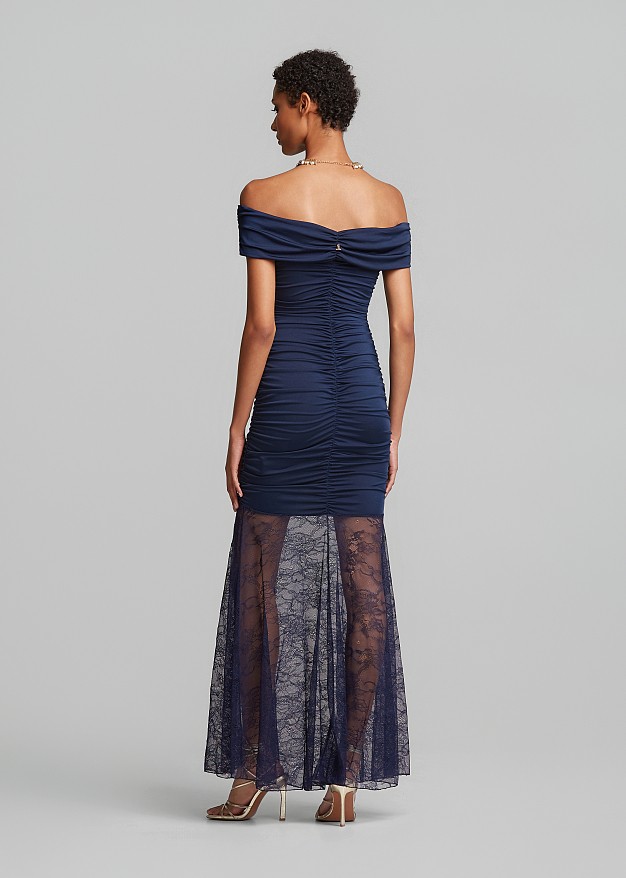 Maxi off-shoulder dress with ruching and lace