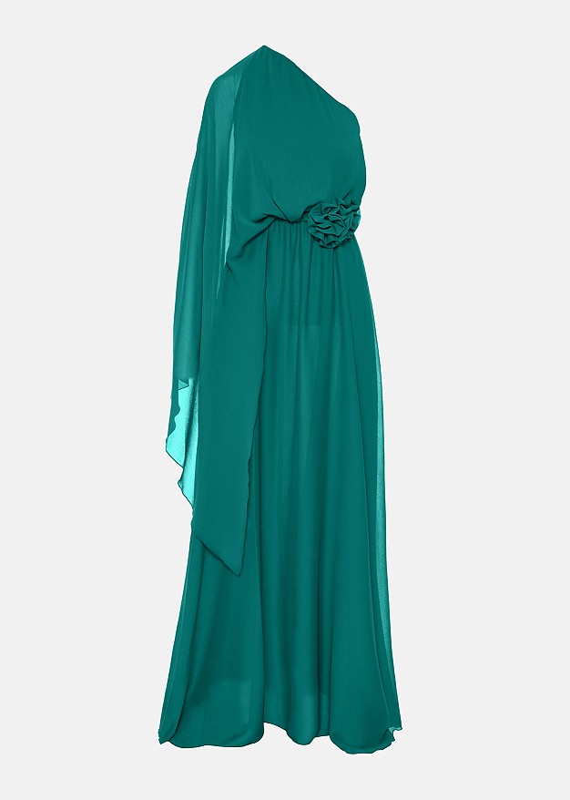Rochie lungă cu o mânecă și broșe florale detașabile