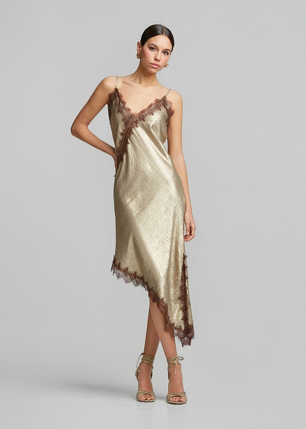 long asymmetric foil dress Xscape Women's Metallic Off-The-Shoulder Ruffled Gown - Gold/Silver