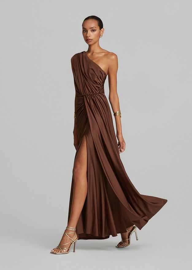 One-shoulder maxi dress with ruched detailing
