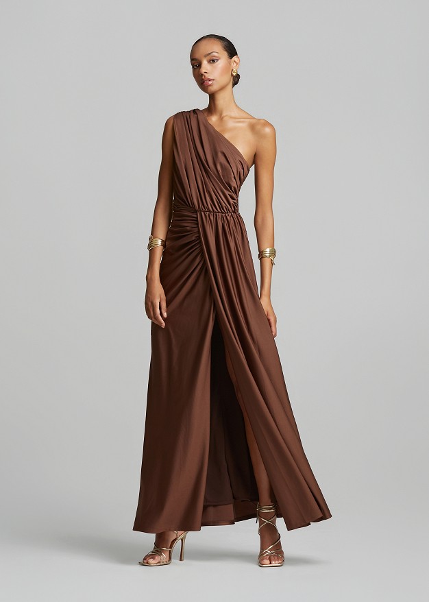 One-shoulder maxi dress with ruched detailing