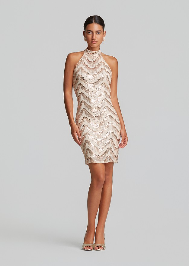 Sequin mini dress in halterneck tie