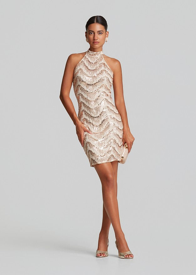 Sequin mini dress in halterneck tie