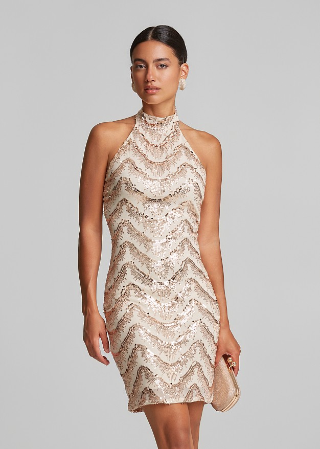 Sequin mini dress in halterneck tie