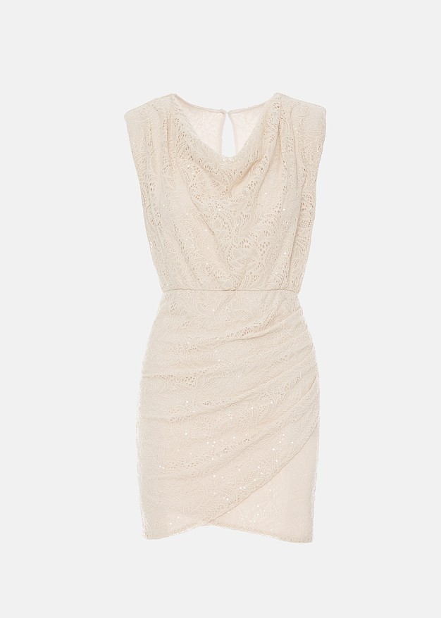 Lace mini dress in sequins and bold shoulders