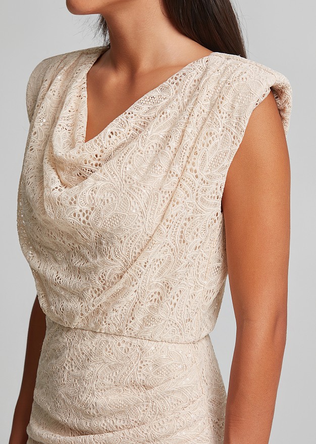 Lace mini dress in sequins and bold shoulders