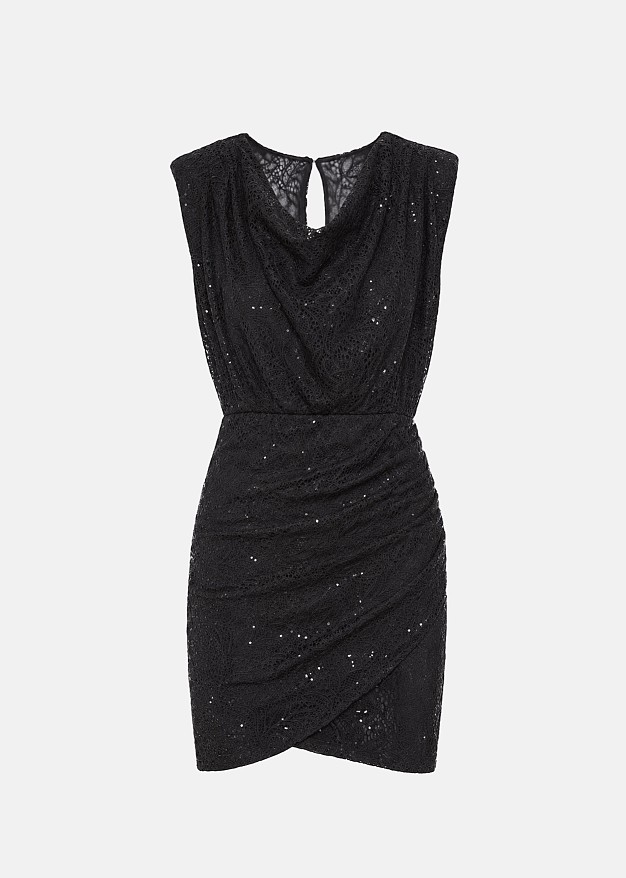 Lace mini dress in sequins and bold shoulders