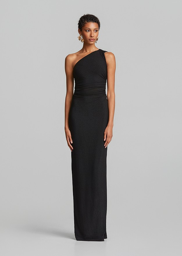 Maxi lurex one-shoulder dress