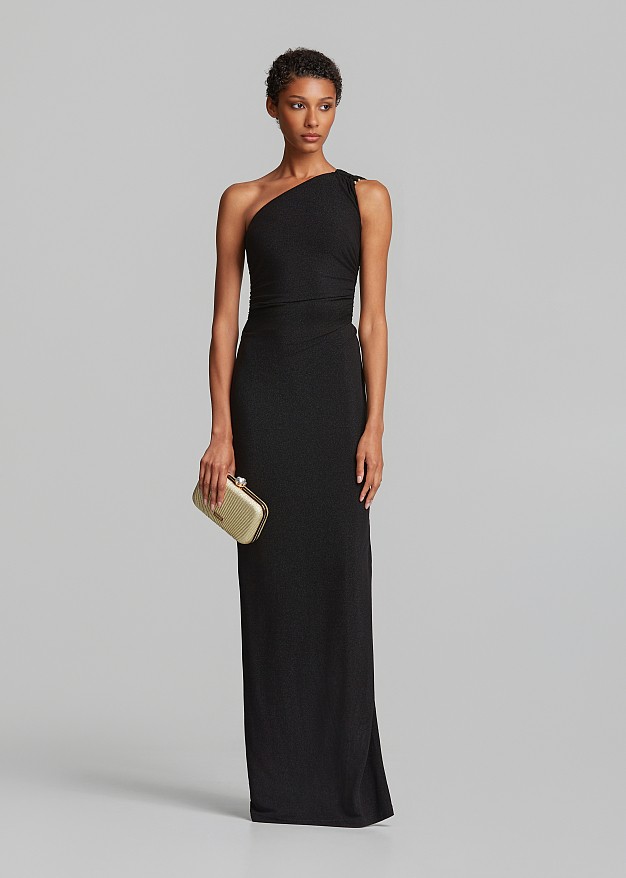 Maxi lurex one-shoulder dress