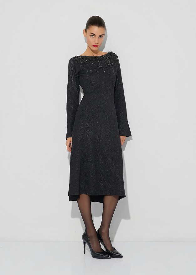 Lurex midi knit dress with decorative crystals