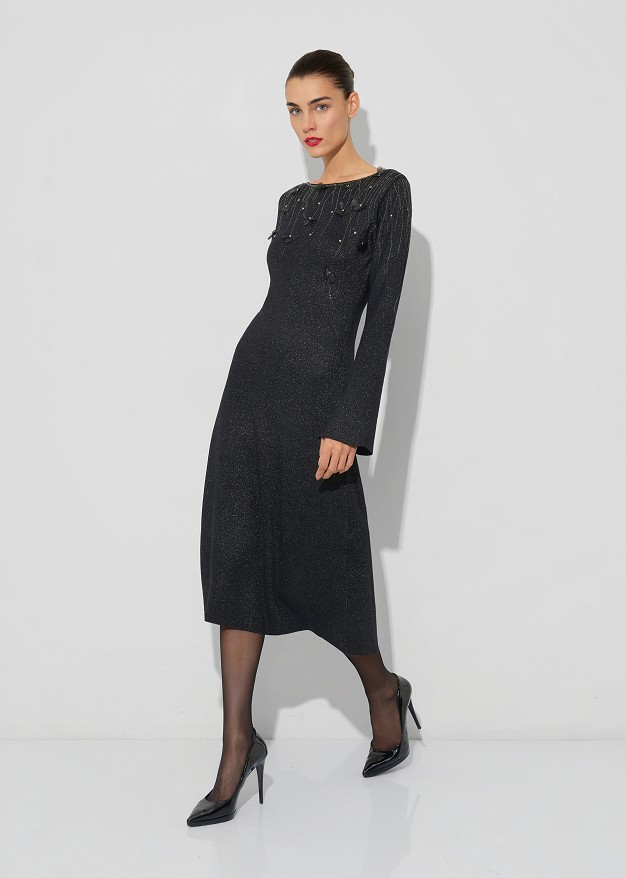 Lurex midi knit dress with decorative crystals