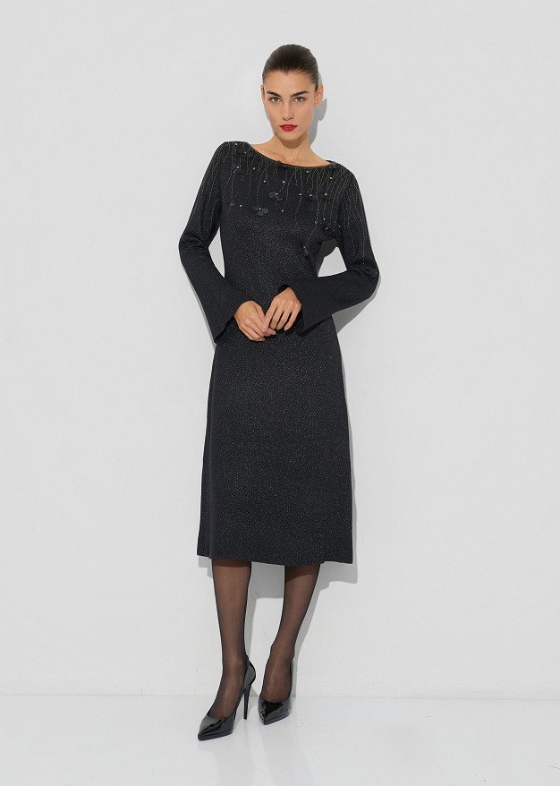 Lurex midi knit dress with decorative crystals