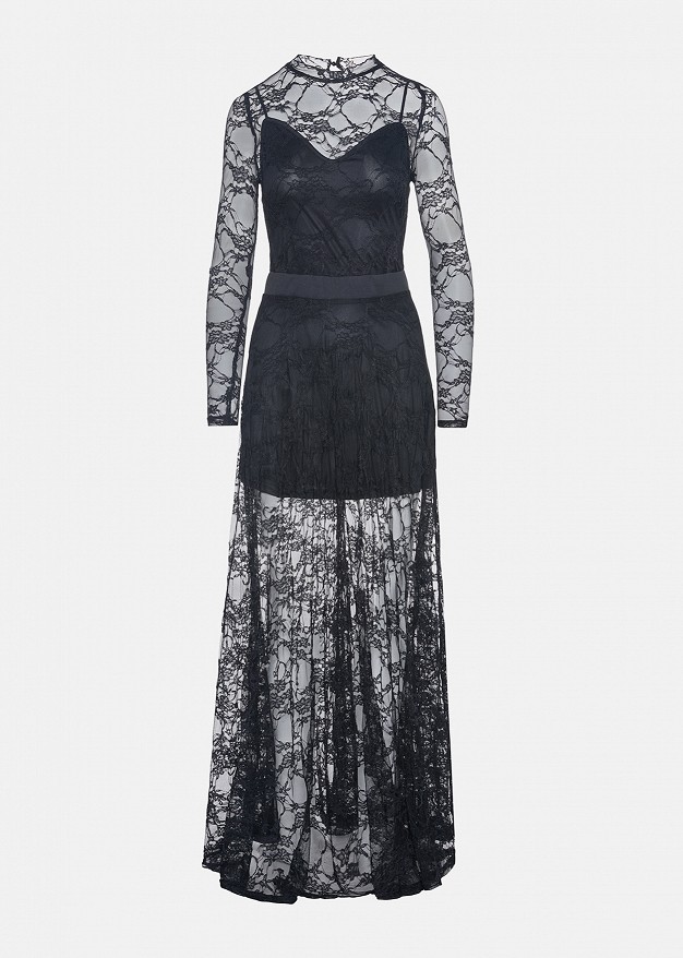 Maxi, flared, long-sleeved lace dress