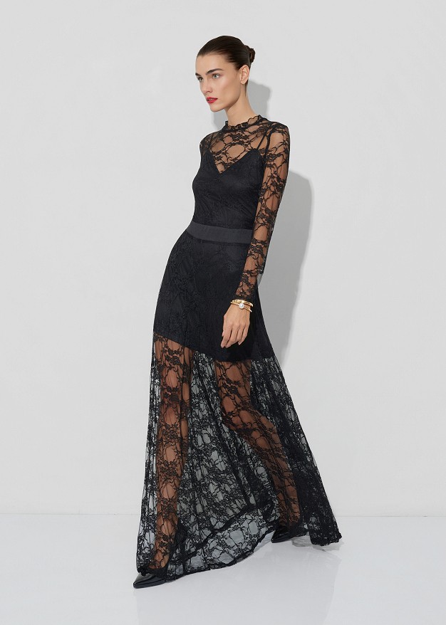 Maxi, flared, long-sleeved lace dress