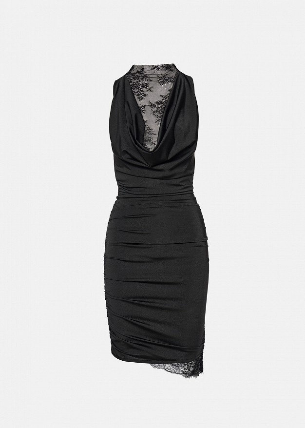 Mini dress in satin look and high-neck lace layer