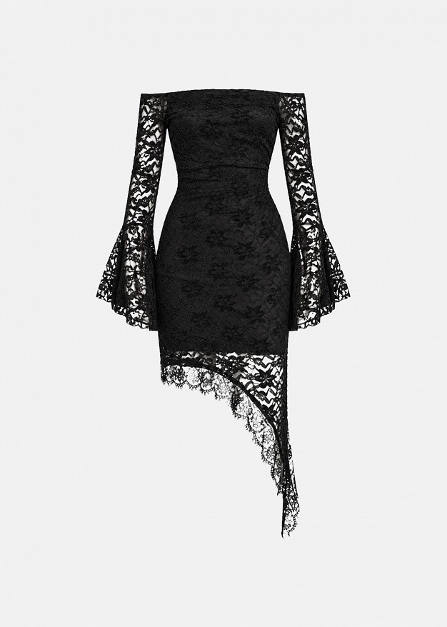 Off-the-shoulder, asymmetric mini dress in chenille lace