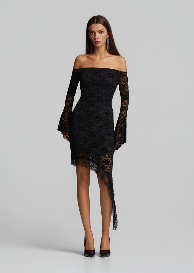 Off-the-shoulder, asymmetric mini dress in chenille lace
