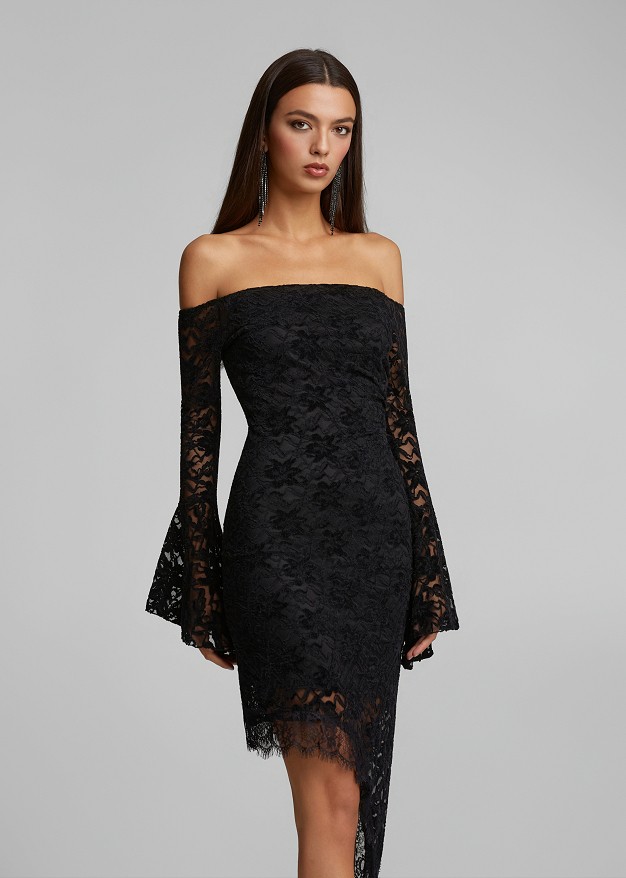 Off-the-shoulder, asymmetric mini dress in chenille lace