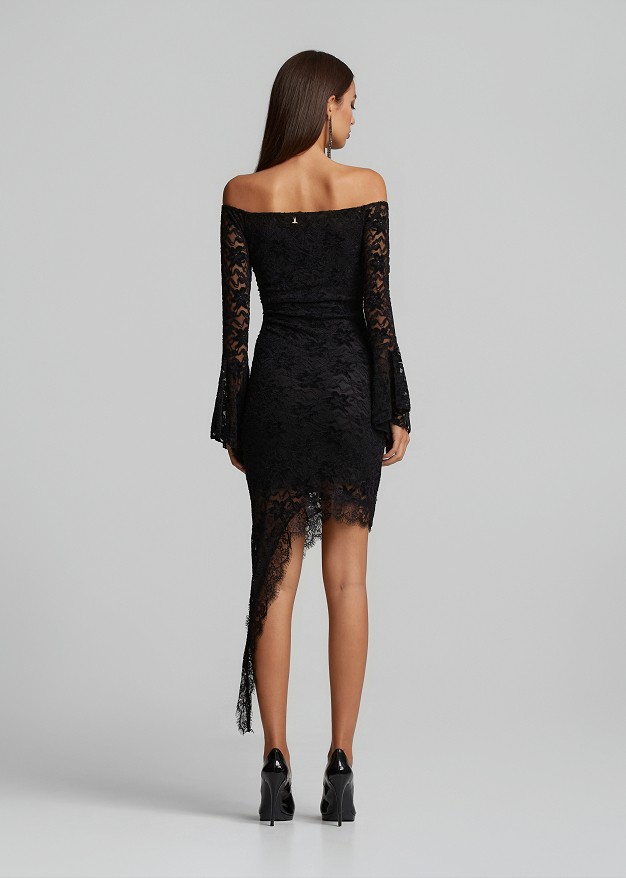 Off-the-shoulder, asymmetric mini dress in chenille lace