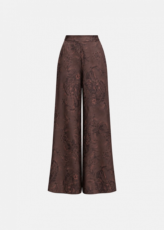 Printed trousers in satin-look finish