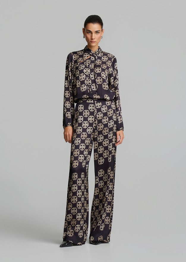 Printed satin-finish trousers