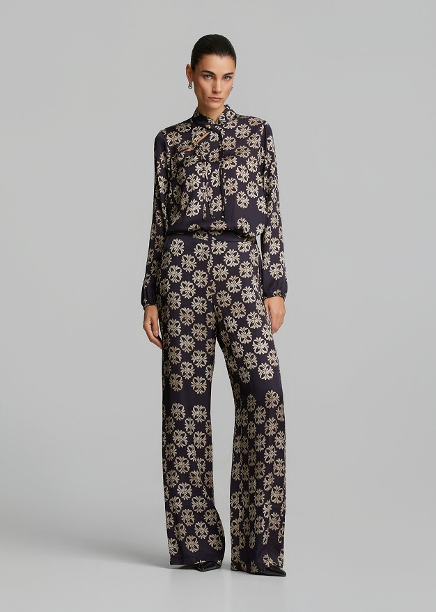 Printed satin-finish trousers