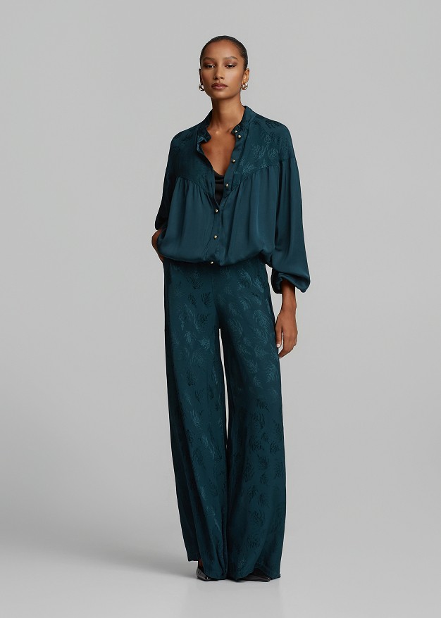Printed jacquard trousers in satin look