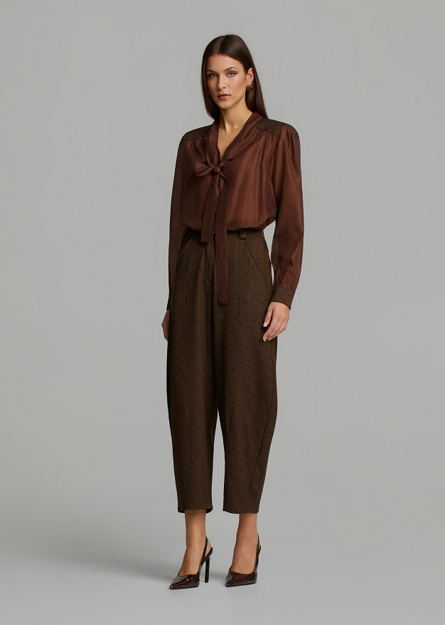 Textured, dotted-pattern barrel trousers