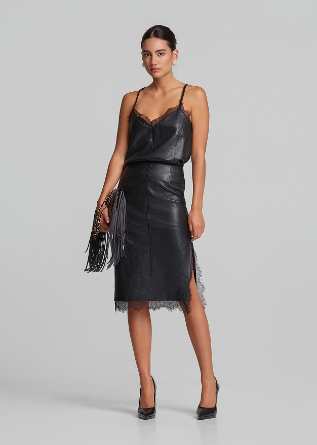 Faux-leather midi pencil skirt with lace