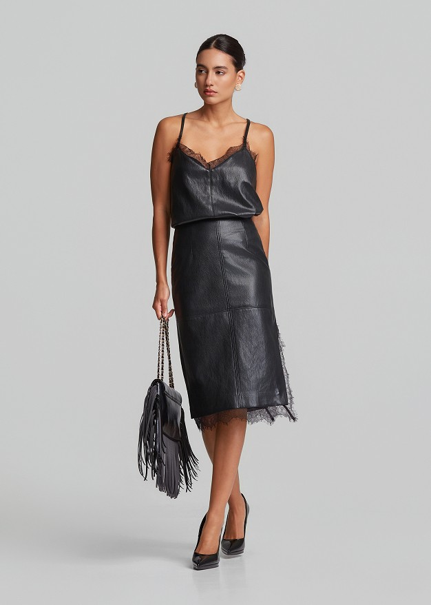 Faux-leather midi pencil skirt with lace