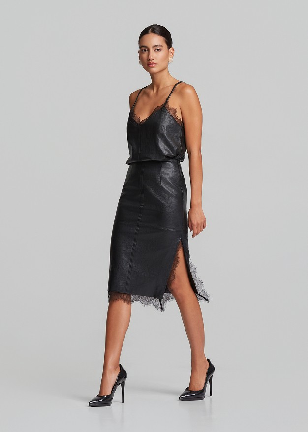 Faux-leather midi pencil skirt with lace