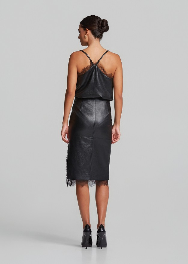 Faux-leather midi pencil skirt with lace