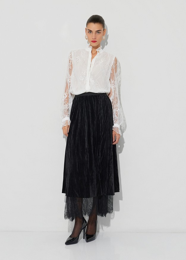 Velvet-look and lace double-sided maxi skirt